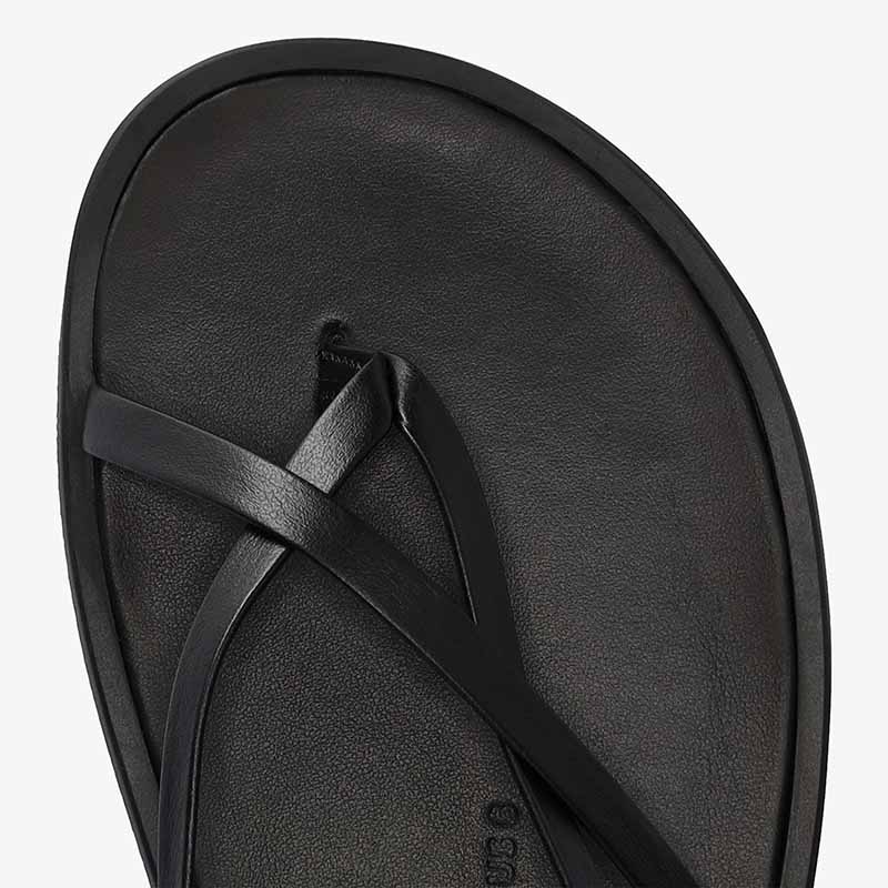 Groundies Adults Maya Sandal - Black, close up of toe box.
