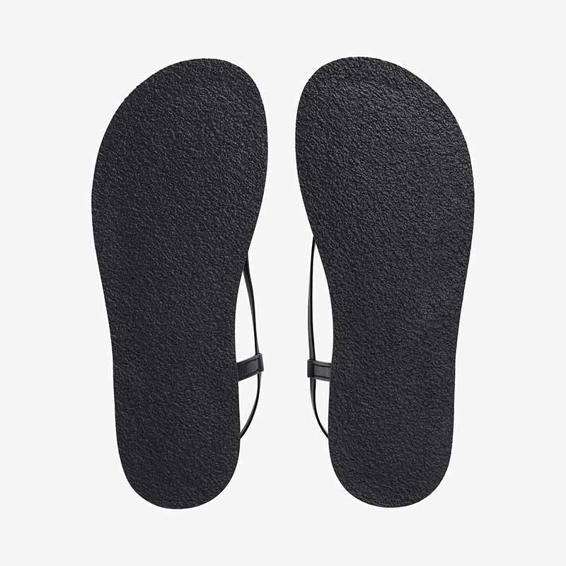 Pair of Groundies Adults Maya Sandals - Black, sole view.