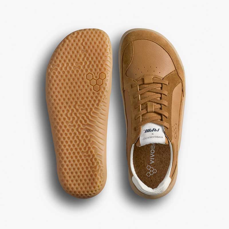 Pair of Vivobarefoot Men's Gobi II Leather Trainers - Tan, one showing the sole view and the other showing the top view.
