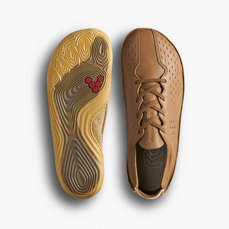 Pair of Vivobarefoot Men's Sensus II Grounding Lace Up Shoes - Tan, one showing the sole view and the other showing the top view.