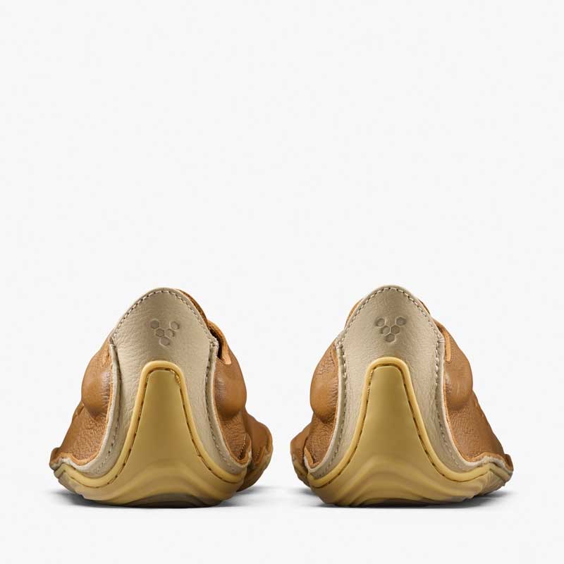 Pair of Vivobarefoot Men's Sensus II Grounding Lace Up Shoes - Tan, rear view.