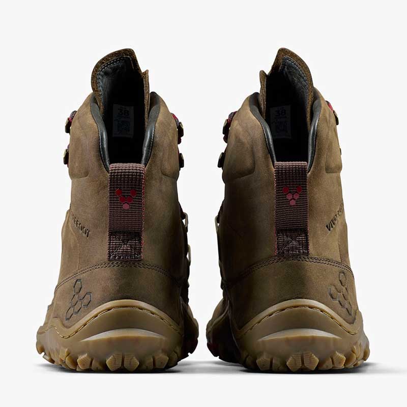 Pair of Vivobarefoot Men's Boots Tracker Leather AT II - Bracken, rear view.
