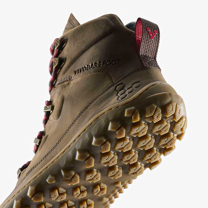 Vivobarefoot Men's Boot Tracker Leather AT II - Bracken, angled view showing the sole.
