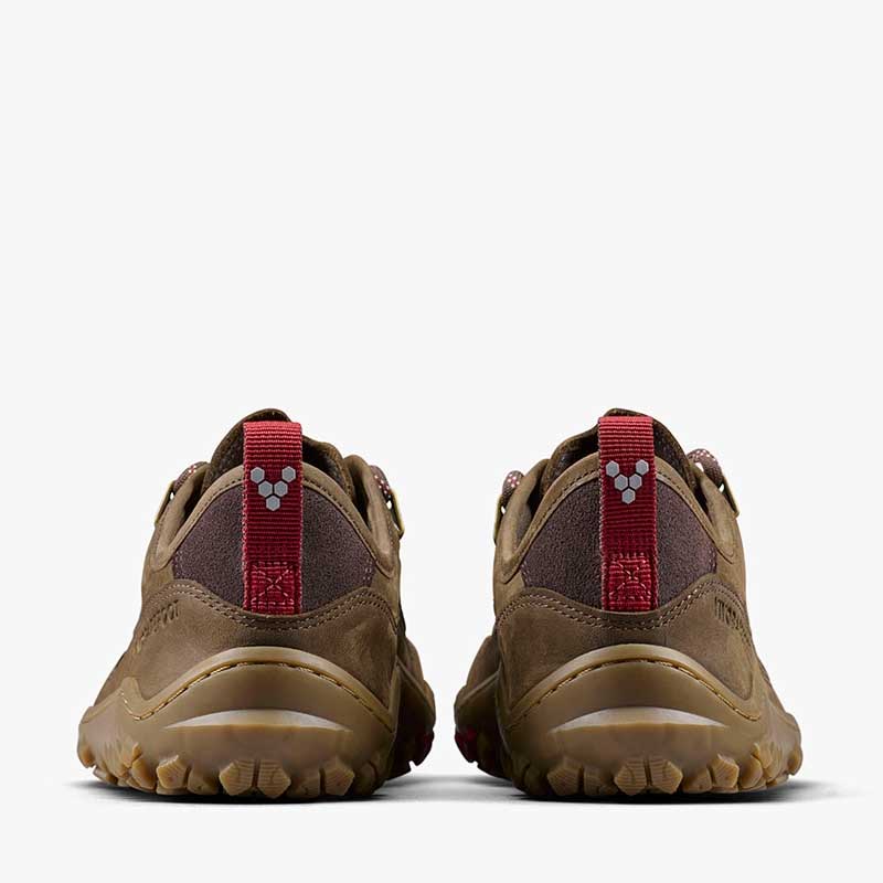 Pair of Vivobarefoot Men's Hiking Shoes Tracker Leather AT Low II - Bracken, rear view.