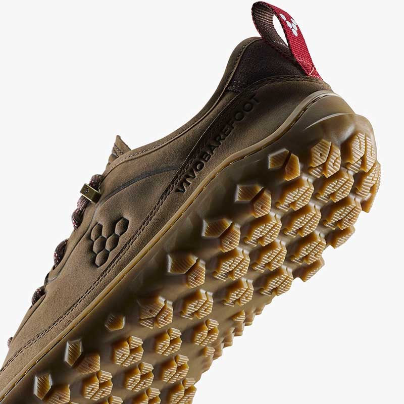 Vivobarefoot Men's Hiking Shoe Tracker Leather AT Low II - Bracken, angled view showing the sole.