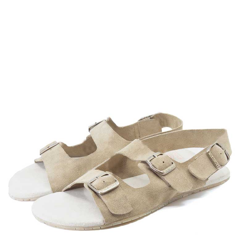 Pair of Mukishoes Sandals Nazare - Brown Suede, angled view showing outer side and front.