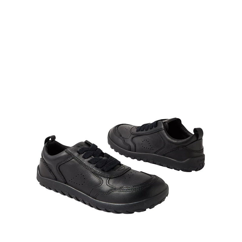 Pair of Bobux Alpha Neox School Shoes - Black, one angled showing the outer side and front view and the other angled showing the outer side and rear view.