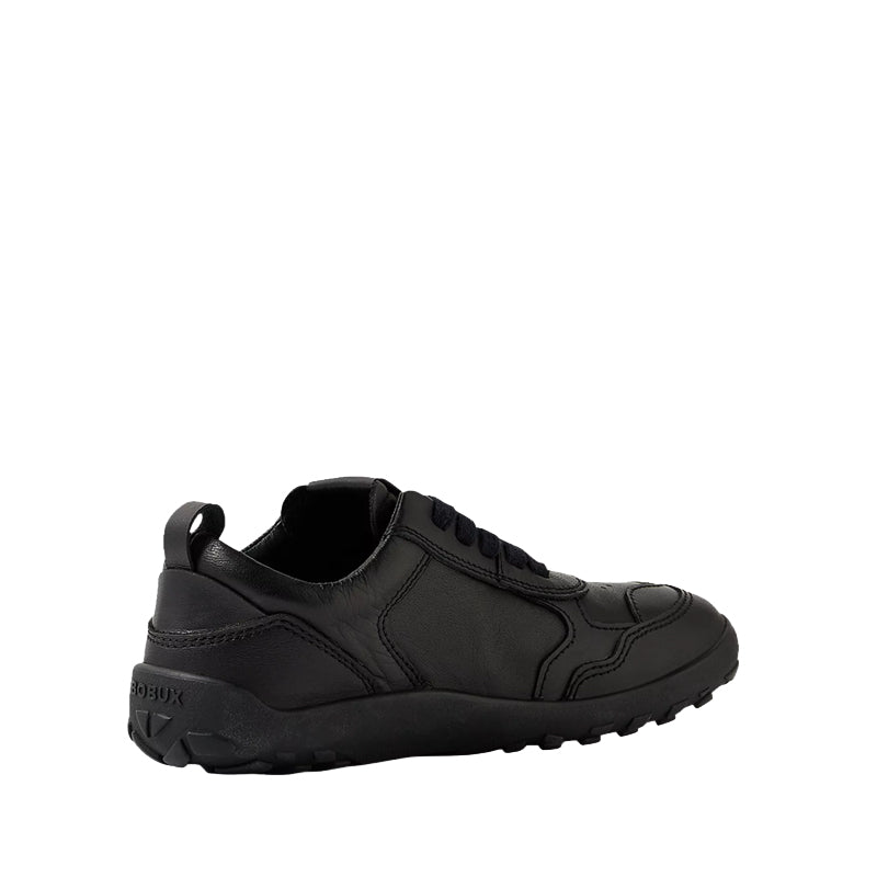 Bobux Alpha Neox School Shoe - Black, angled view showing inner side and rear view.