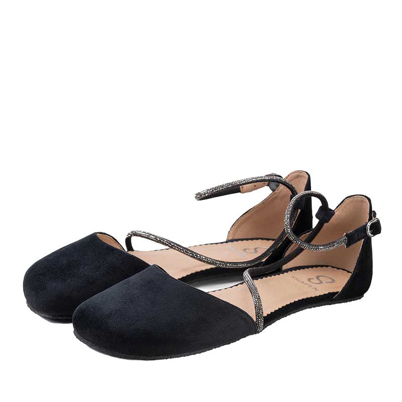 Pair of Shapen Women's Orchid Glamour Sandals - Black Velvet, angled view showing outer side and front.