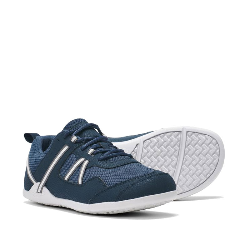 Pair of Xero Men's Athletic Shoes Prio - Vintage Indigo, one angled showing the outer side and front view and the other showing the sole view.