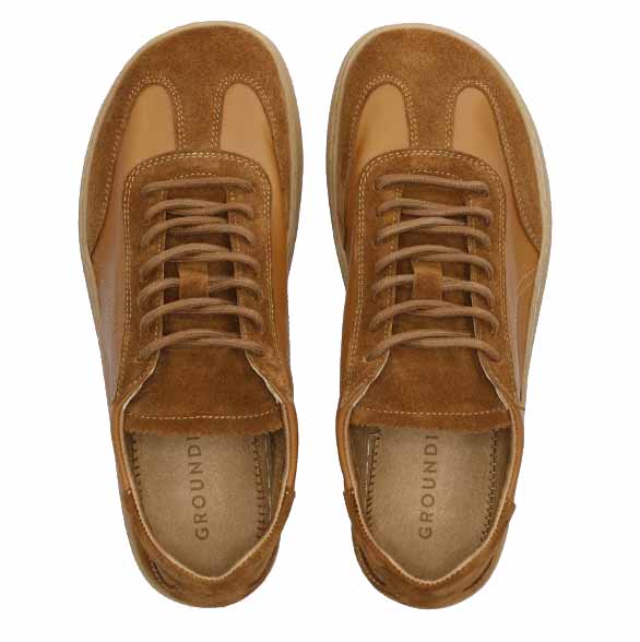 Pair of Groundies Adults Panama Soft Trainers - Caramel, top view.