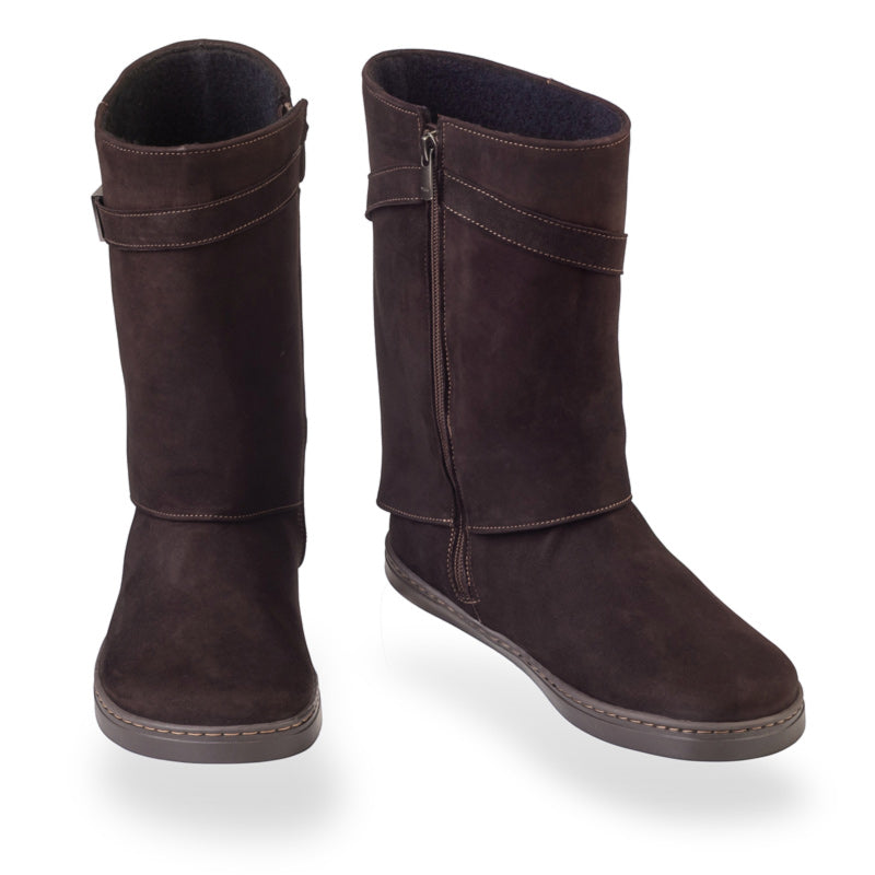 Pair of Peerko Women's Boots Eve - Brown, one showing the front view and the other angled showing the inner side and front view.
