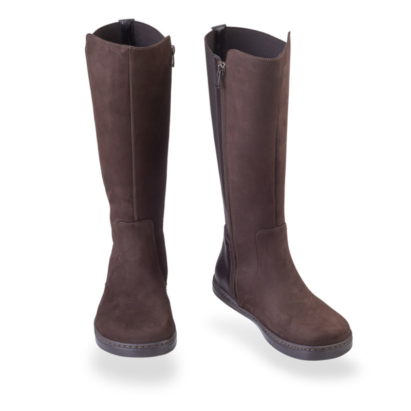 Pair of Peerko Women's Regina II Boots - Brown (Wider Calf), one showing the front view and the other angled showing the inner side and front view.