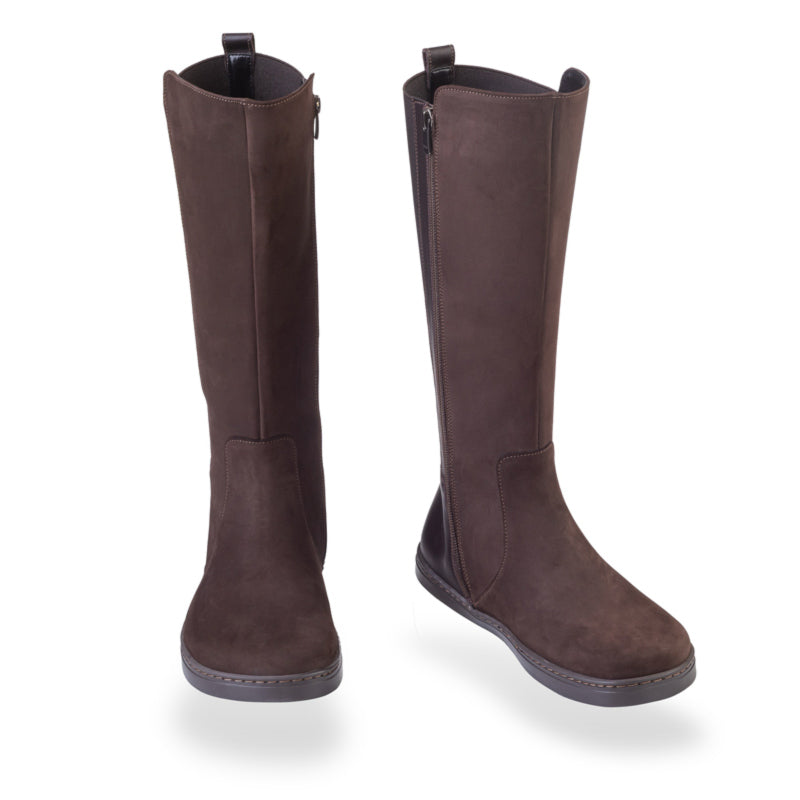 Pair of Peerko Women's Regina II Boots - Brown (Narrower Calf), one showing the front view and the other angled showing the inner side and front view.