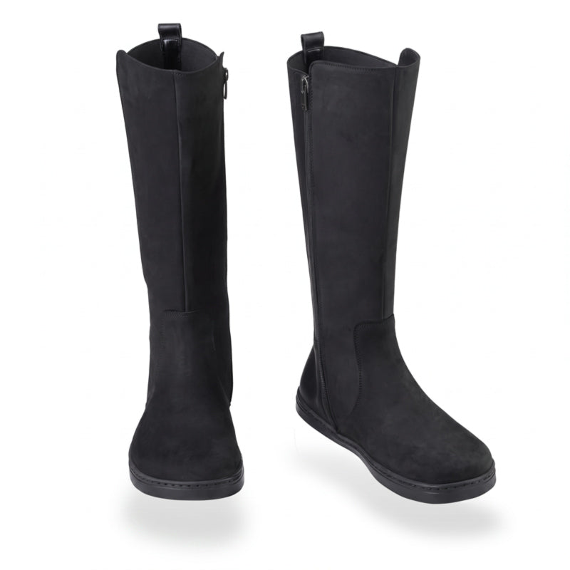 Pair of Peerko Women's Regina II Boots - Black (Wider Calf), one showing the front view and the other angled showing the inner side and front view.
