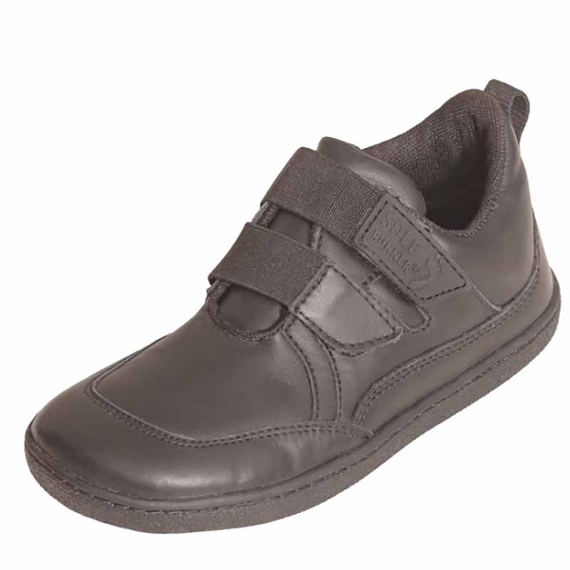 Sole Runner Kids Puck 2 Leather Trainer - Black, angled view showing outer side and front.