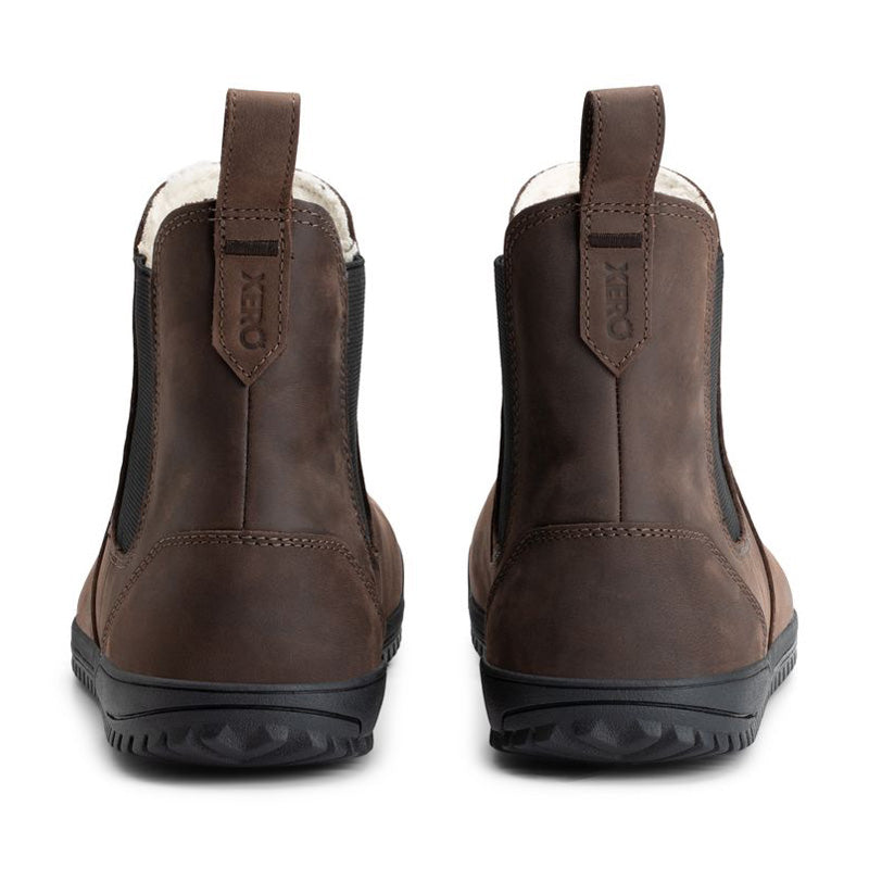 Pair of Xero Women's Lined Chelsea Boots Ridgeway - Brown, rear view.