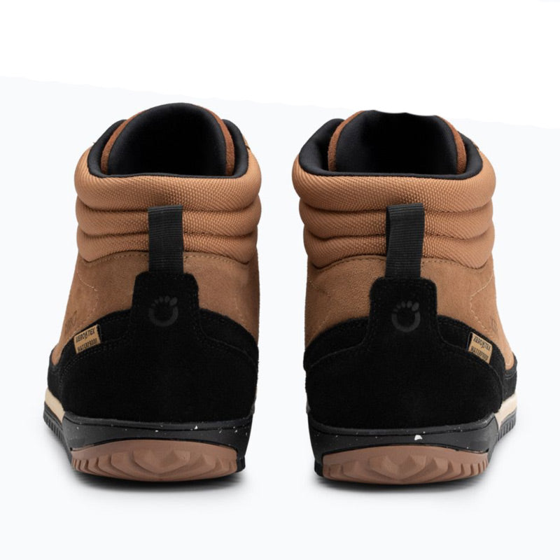 Pair of Xero Men's Waterproof Walking Boots Ridgeway Suede - Irish Cream, rear view.