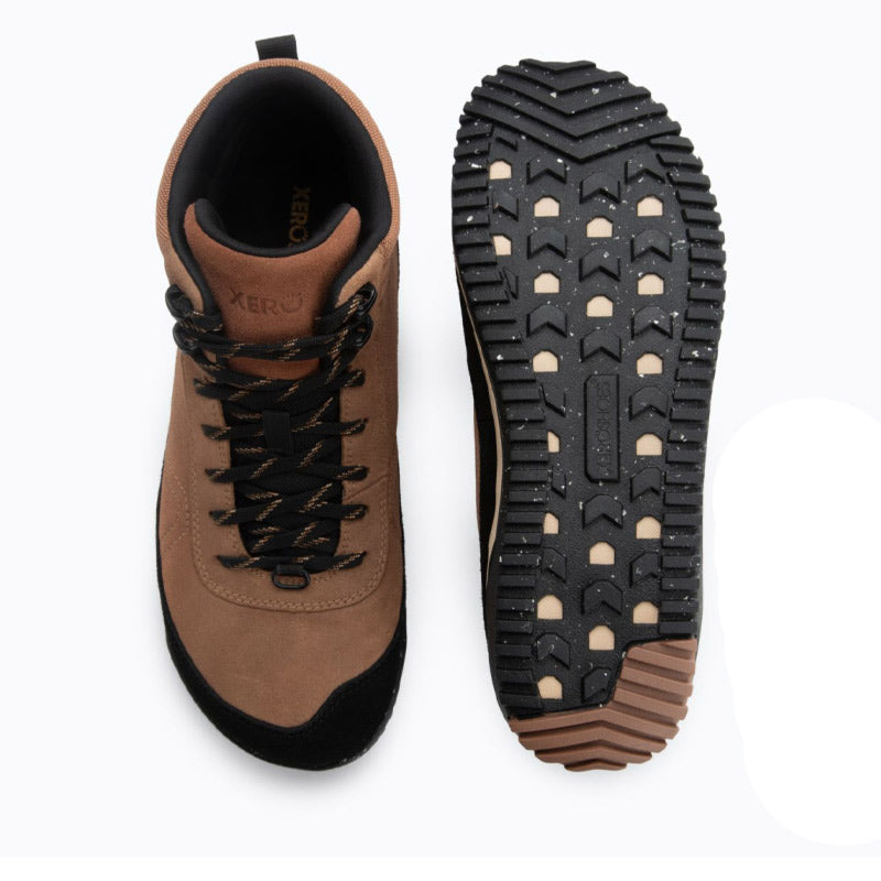 Pair of Xero Men's Waterproof Walking Boots Ridgeway Suede - Irish Cream, one showing the top view and the other showing the sole view.