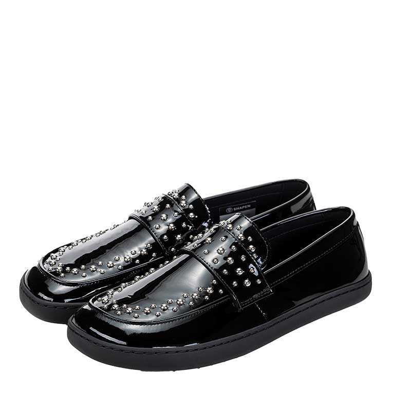 Pair of Shapen Women's Sheen Loafers - Black Metallic, angled view showing outer side and front.