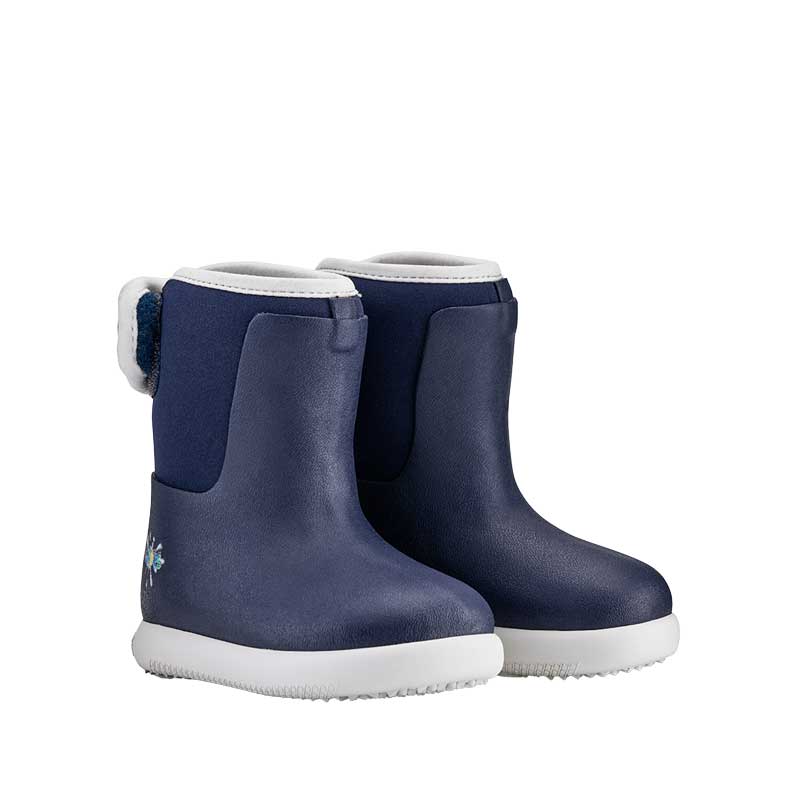 Pair of Muddies Waterproof Splish Boots - Indigo, angled view showing outer side and front.