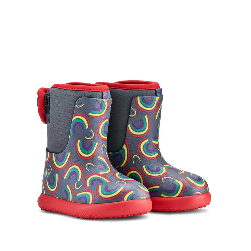 Pair of Muddies Waterproof Splish Boots - Rainbow Stormy Grey, angled view showing outer side and front.