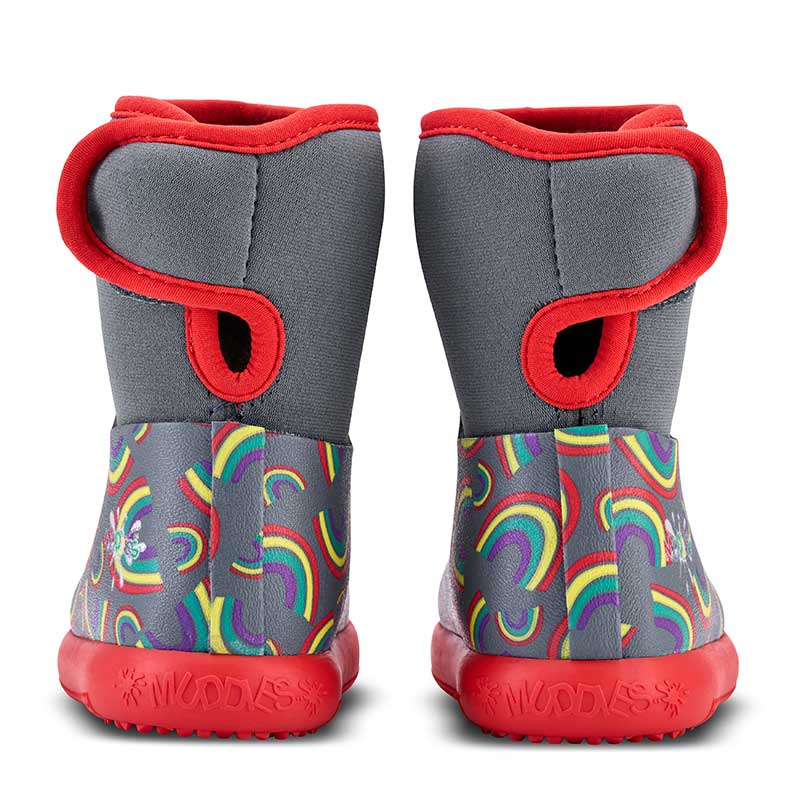 Pair of Muddies Waterproof Splish Boots - Rainbow Stormy Grey, rear view.