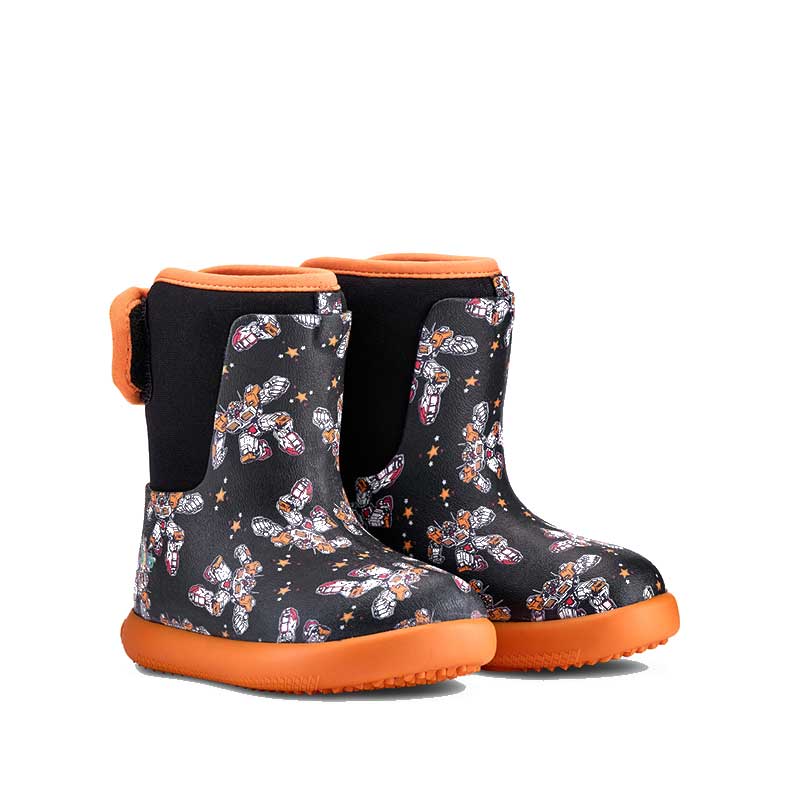 Pair of Muddies Waterproof Splish Boots - Transform Orange, angled view showing outer side and front.