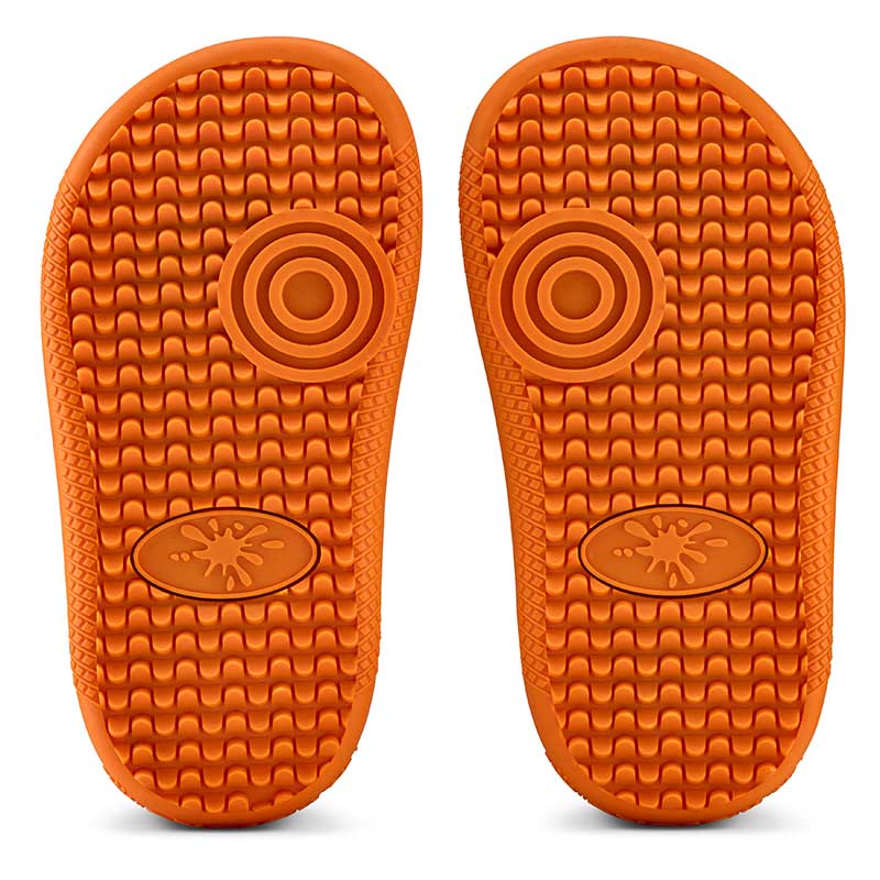 Pair of Muddies Waterproof Splish Boots - Transform Orange, sole view.