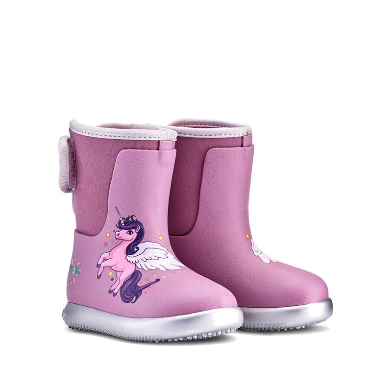 Pair of Muddies Waterproof Splish Boots - Unicorn Purple, angled view showing outer side and front.