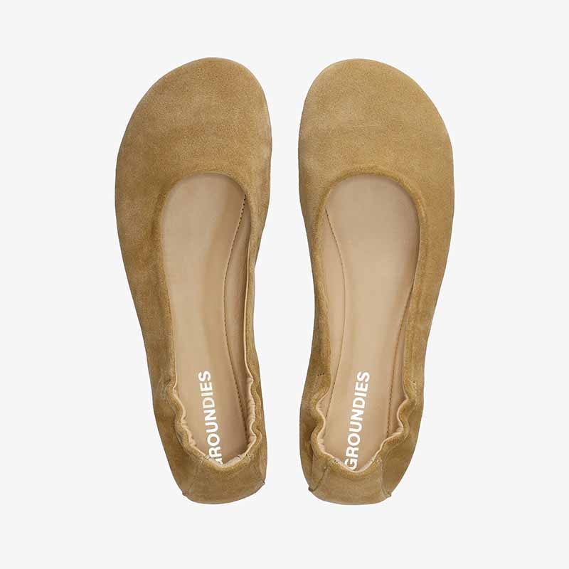 Pair of Groundies Adults Sleek Ballet Shoes - Beige, top view.