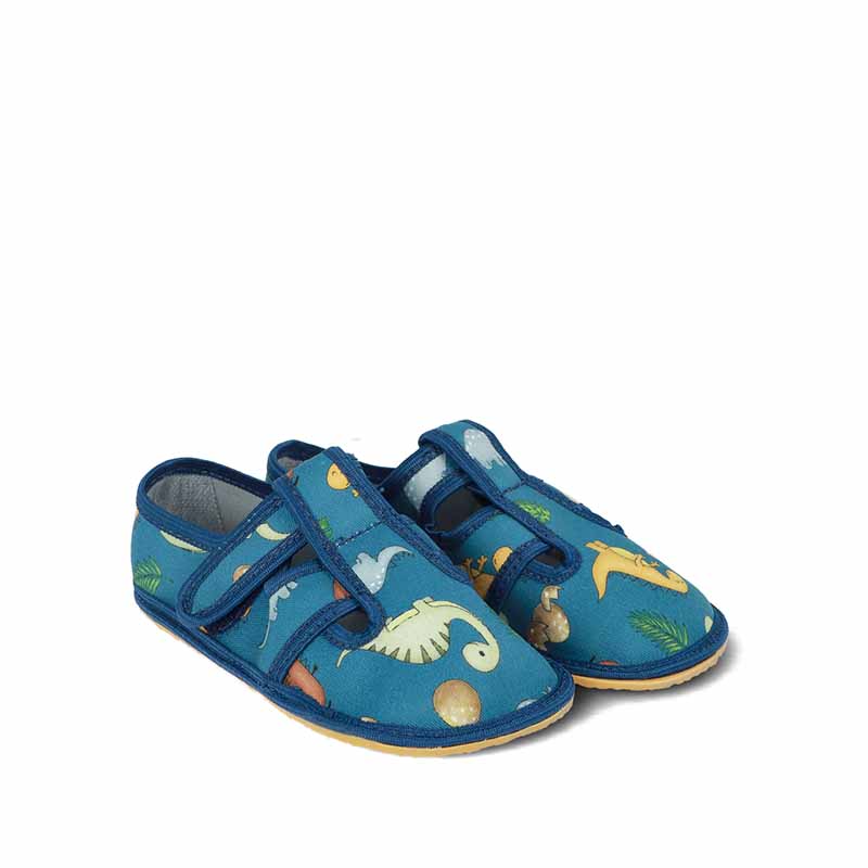 Pair of Rayve Kids Slippers - Dino, angled view showing outer side and front.