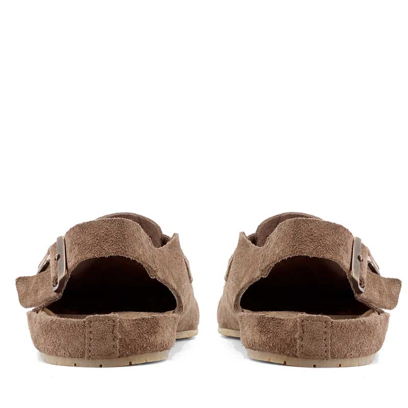 Pair of Mukishoes Clogs Soca - Brown Suede, rear view.