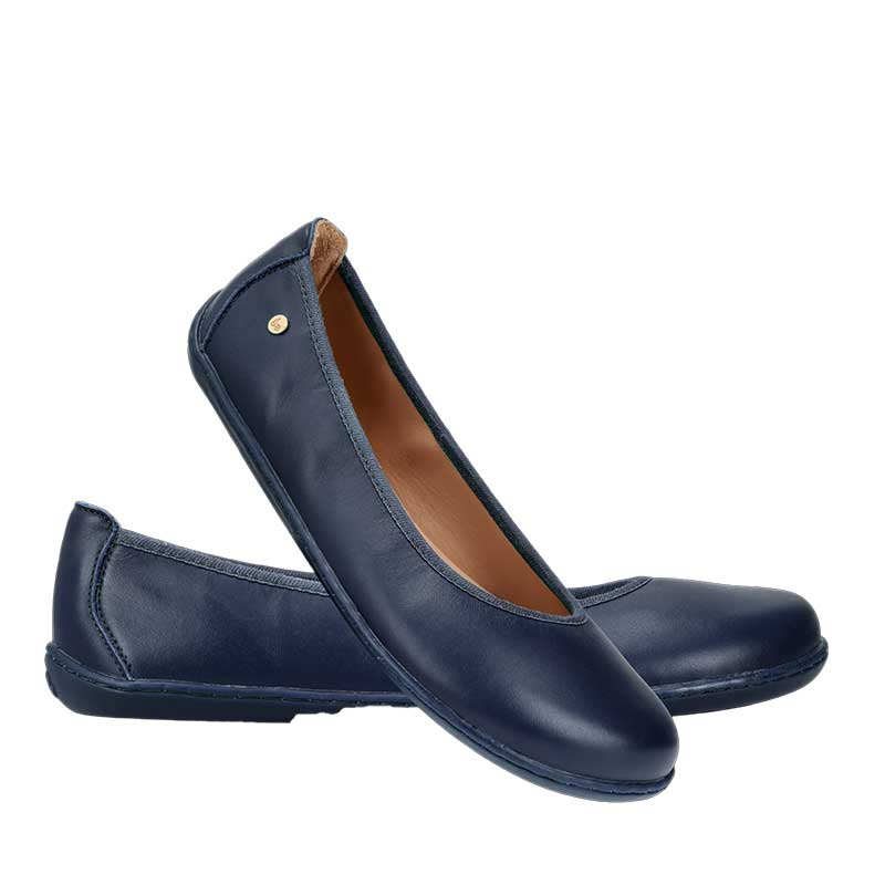 Pair of Be Lenka Women's Ballet Shoes Sophelia - Navy Blue, one leant against the other. One showing the outer side view and the other slightly showing the inner side view.