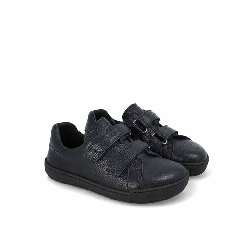 Pair of Rayve Kids School Shoes Springfield - Black, angled view showing outer side and front.