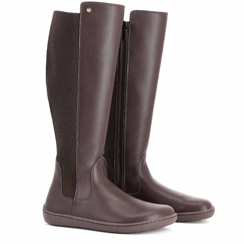 Pair of Be Lenka Women's Boots Symphony - Dark Brown, angled view showing outer side and front.