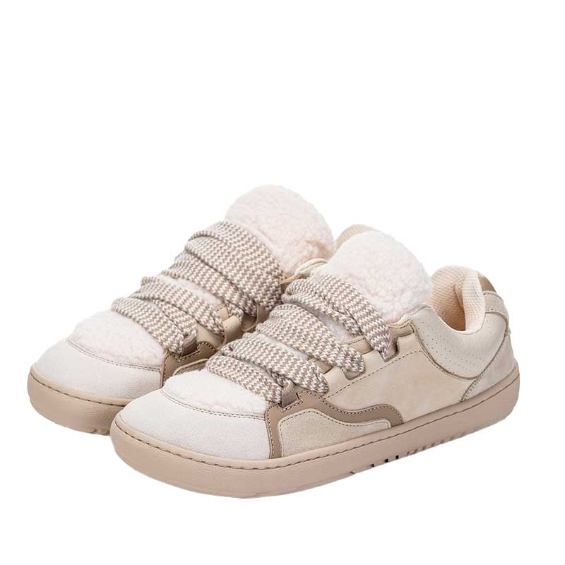Pair of Shapen Women's Teddy Trainers - Beige, angled view showing outer side and front