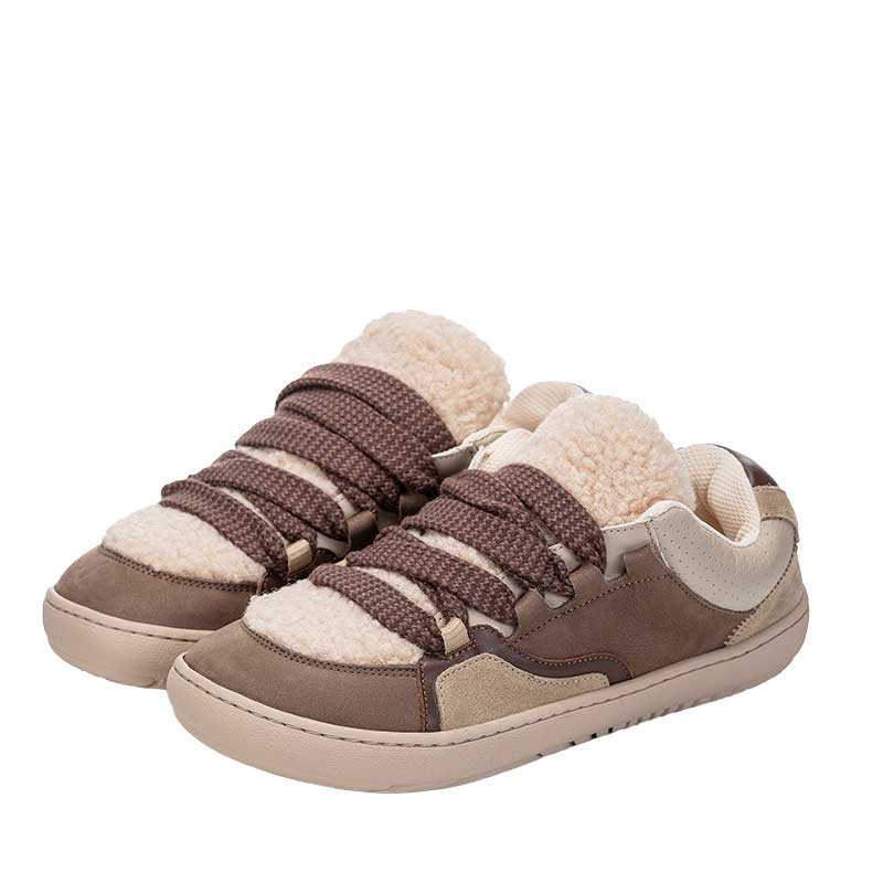 Pair of Shapen Women's Teddy Trainers - Brown, angled view showing outer side and front