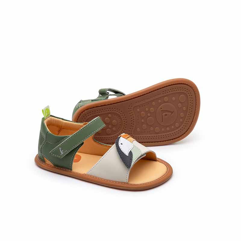 Pair of Tip Toey Joey Toddler Sandals Toucan - Green, one showing the outer side and the other showing the sole.