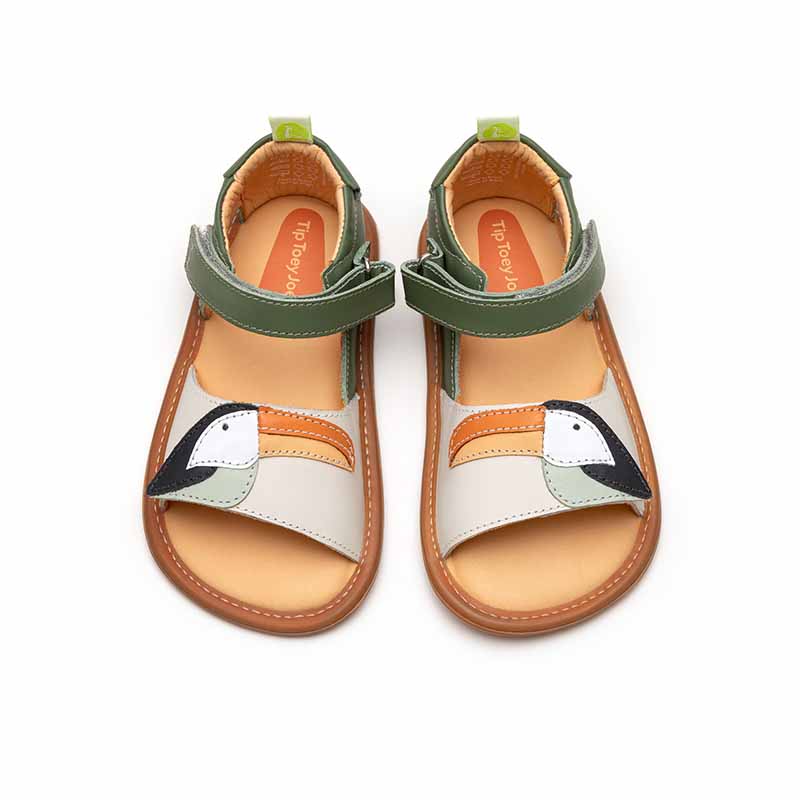 Pair of Tip Toey Joey Toddler Sandals Toucan - Green, front view.