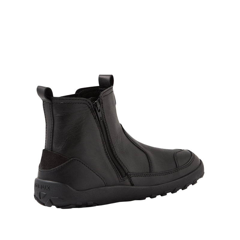 Bobux Alpha Trail School Boot - Black, angled view showing inner side and rear.