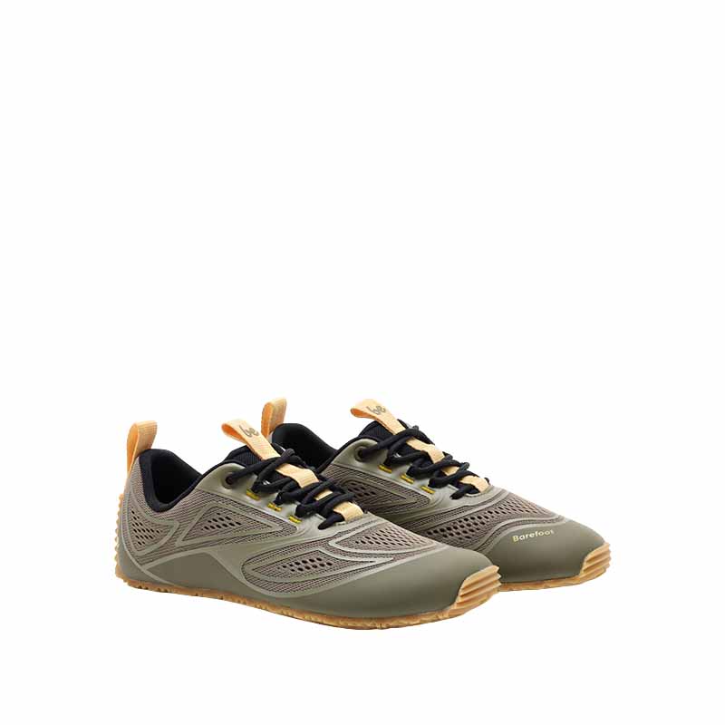 Pair of Be Lenka Adults Trailtech Shoes - Khaki Green, angled view showing outer side and front.