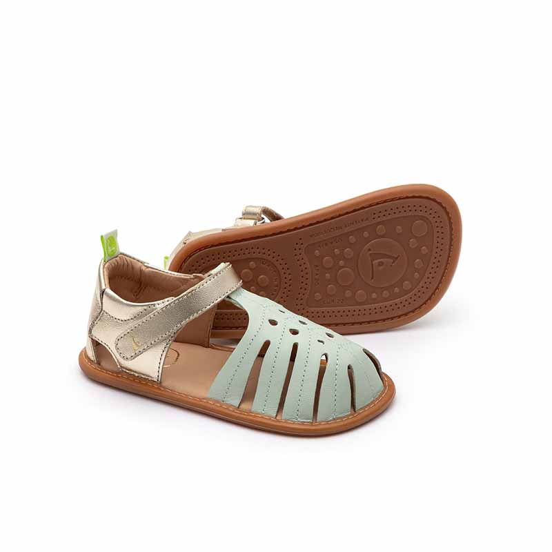Pair of Tip Toey Joey Toddler Sandals Tropically - Mint Champagne, one showing the outer side and the other showing the sole.