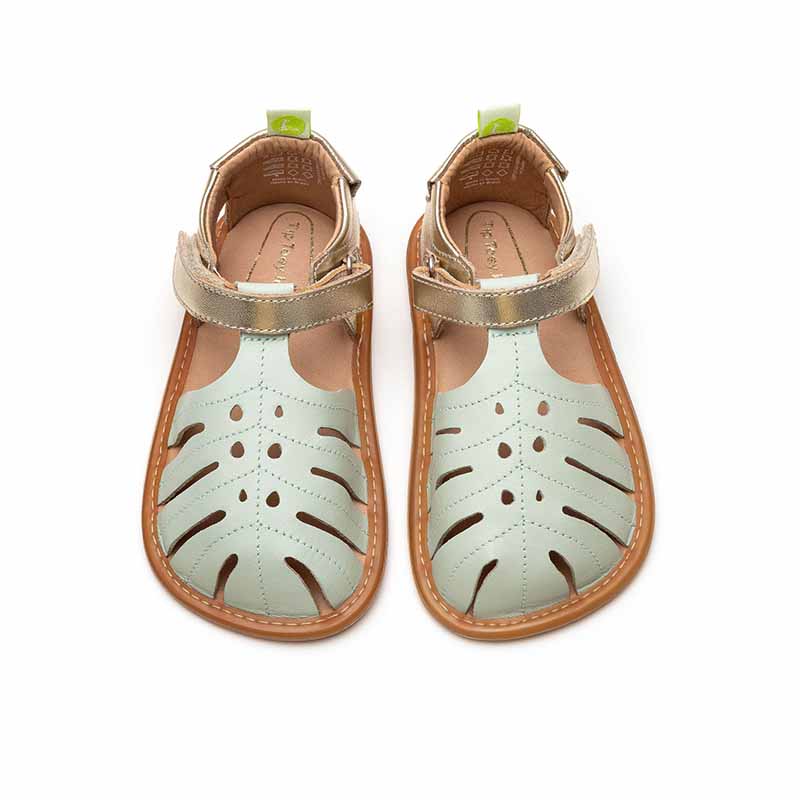 Pair of Tip Toey Joey Toddler Sandals Tropically - Mint Champagne, front view.