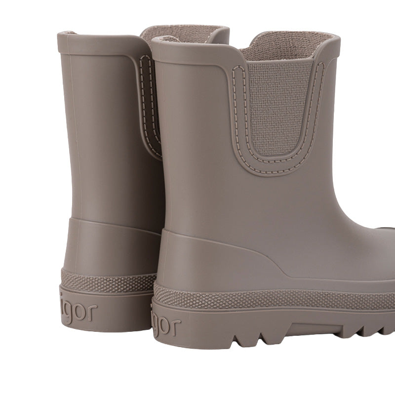 Pair of Igor Verona Barefoot Wellington Boots - Taupe, angled view showing outer side and rear.