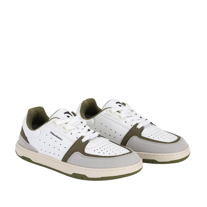 Pair of Be Lenka Adults Barebarics Trainers Wave 2.0 - White and Green, angled view showing the outer side and front.