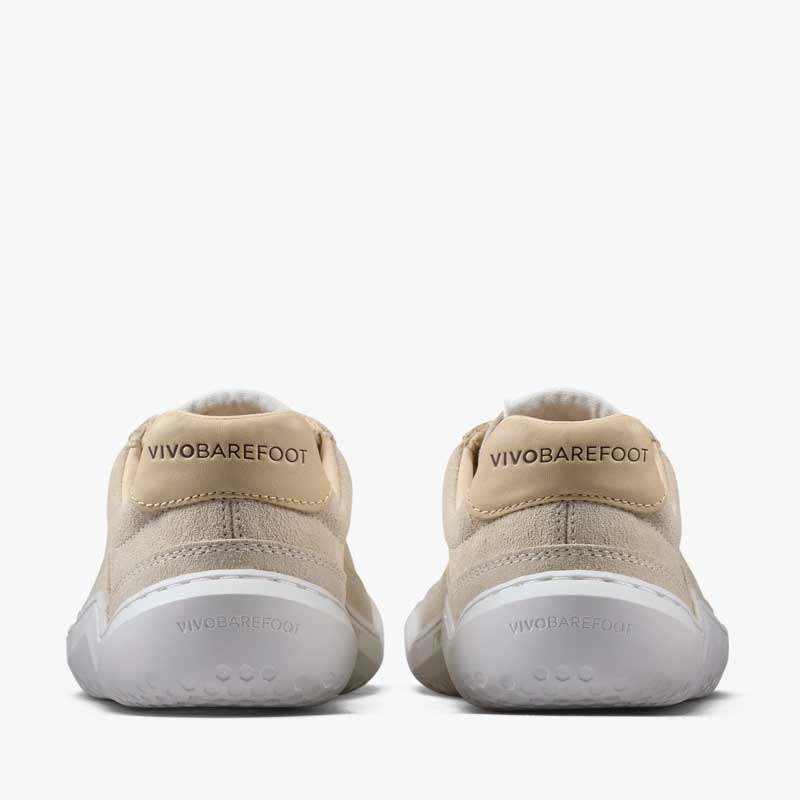 Pair of Vivobarefoot Women's Gobi II Leather Trainers - Sand and Fig, rear view.