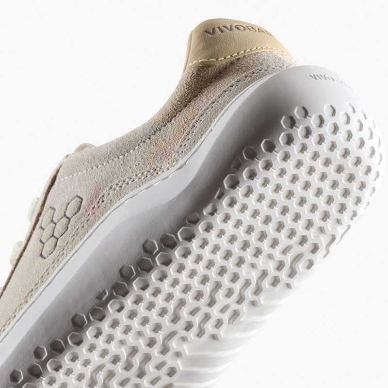 Vivobarefoot Women's Gobi II Leather Trainer - Sand and Fig, angled view showing the sole.