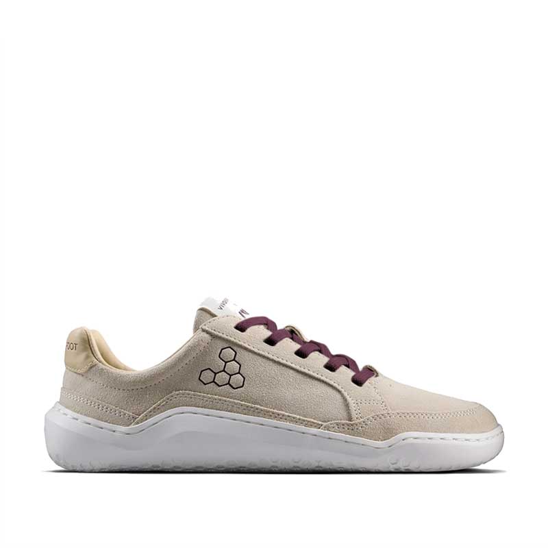 Vivobarefoot Women's Gobi II Leather Trainer - Sand and Fig, outer side view.