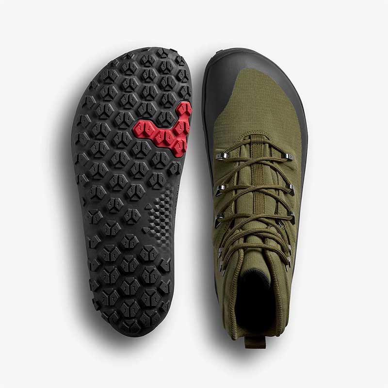 Pair of Vivobarefoot Women's Hiking Boots Tracker Textile AT II - Dark Olive, one showing the sole view and the other showing the top view.